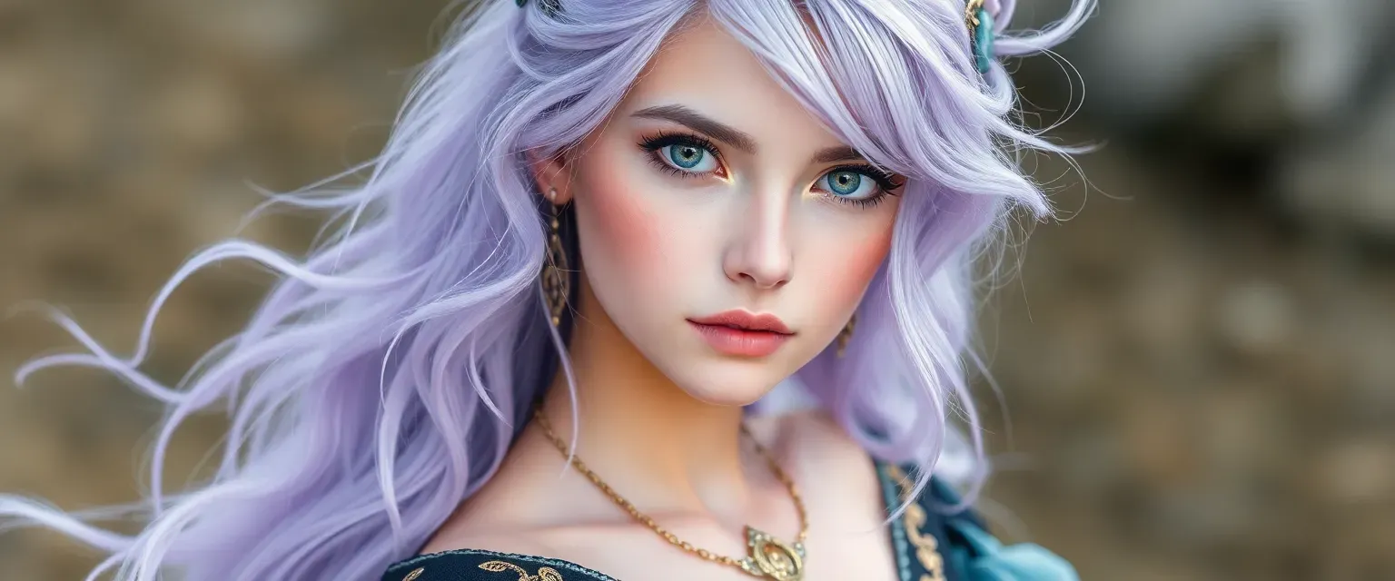 19-year-old Naida with pastel lavender hair and fierce grey eyes, part Illyrian, part High Fae, wearing flowing pastel blue and black dresses with golden threads.
