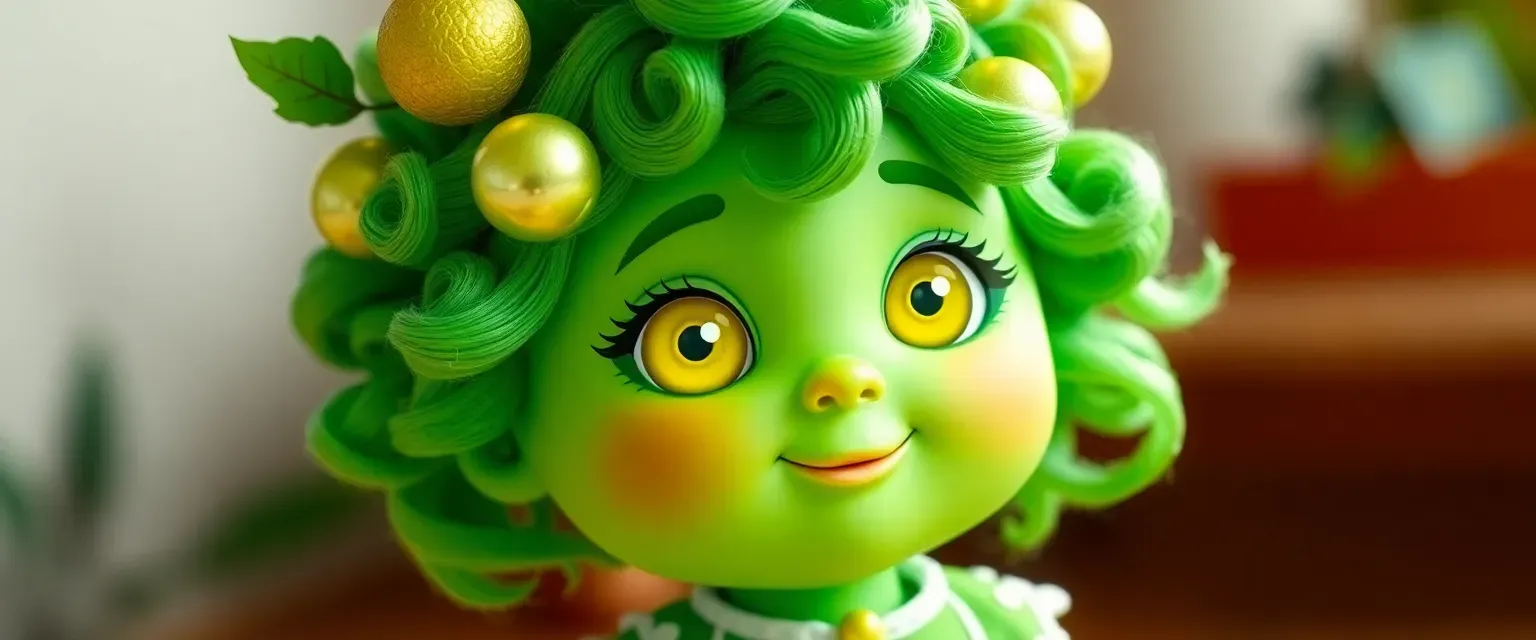 Young, vibrant cookie with pale green skin, curly green hair with lime ornaments, and bright yellow eyes, wearing a green and white outfit.