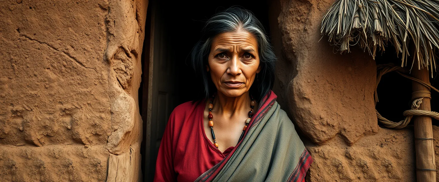 A woman stands in the doorway of her weathered, mud-and-thatch cottage, set against the backdrop of rolling hills and thatched roofs. Her face is etched with lines of hardship and perseverance, her dark hair streaked with silver and tied back in a simple knot. Her calloused, rough hands speak of a life spent working the unforgiving soil. Despite the weight of her burdens, a spark of determination flickers in her deep, earthy brown eyes, revealing an indomitable will to survive and thrive against overwhelming adversity.