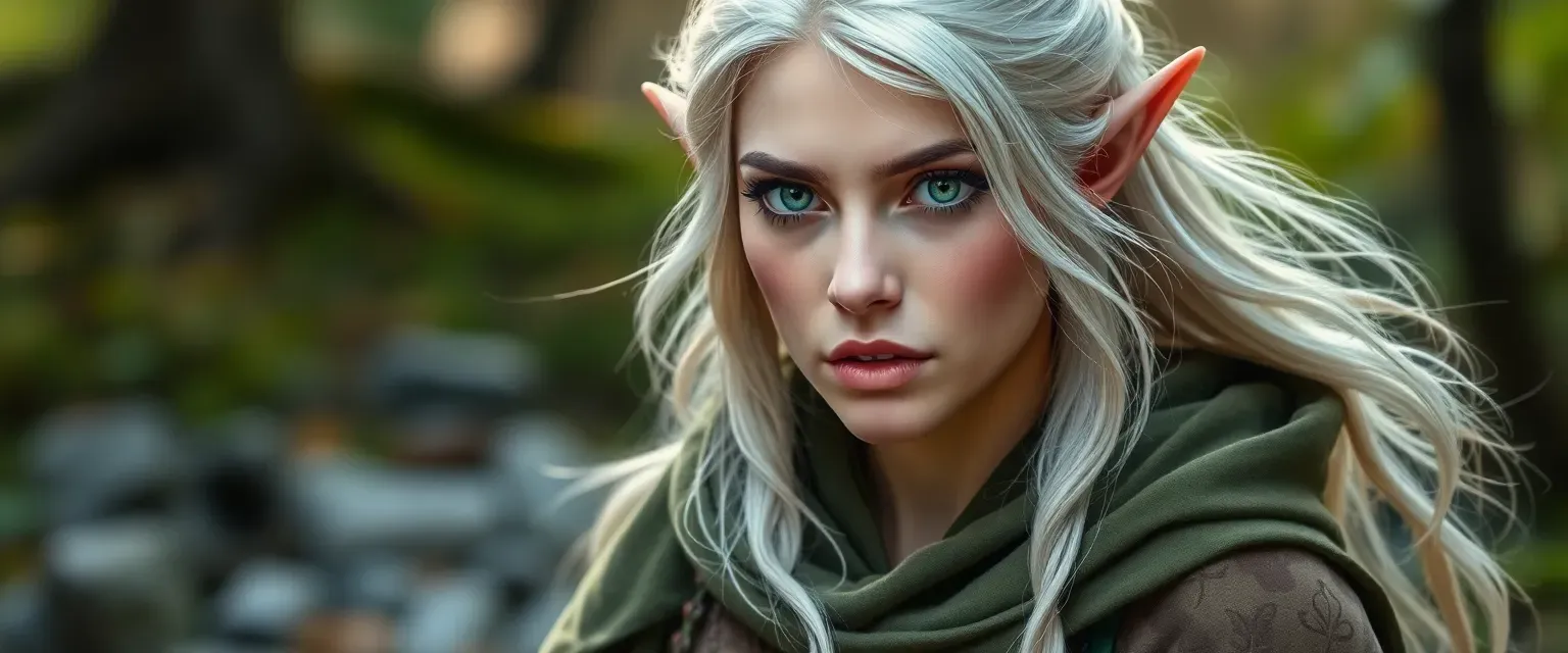 Silver-haired elf woman in her 30s, green eyes, wearing forest green and brown robes with leaf patterns.