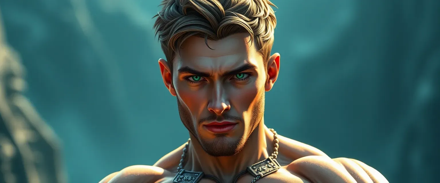 Immortal god, 2,394 years old, sea green eyes, brown Ivy League haircut, lean muscular build, 6 feet tall.