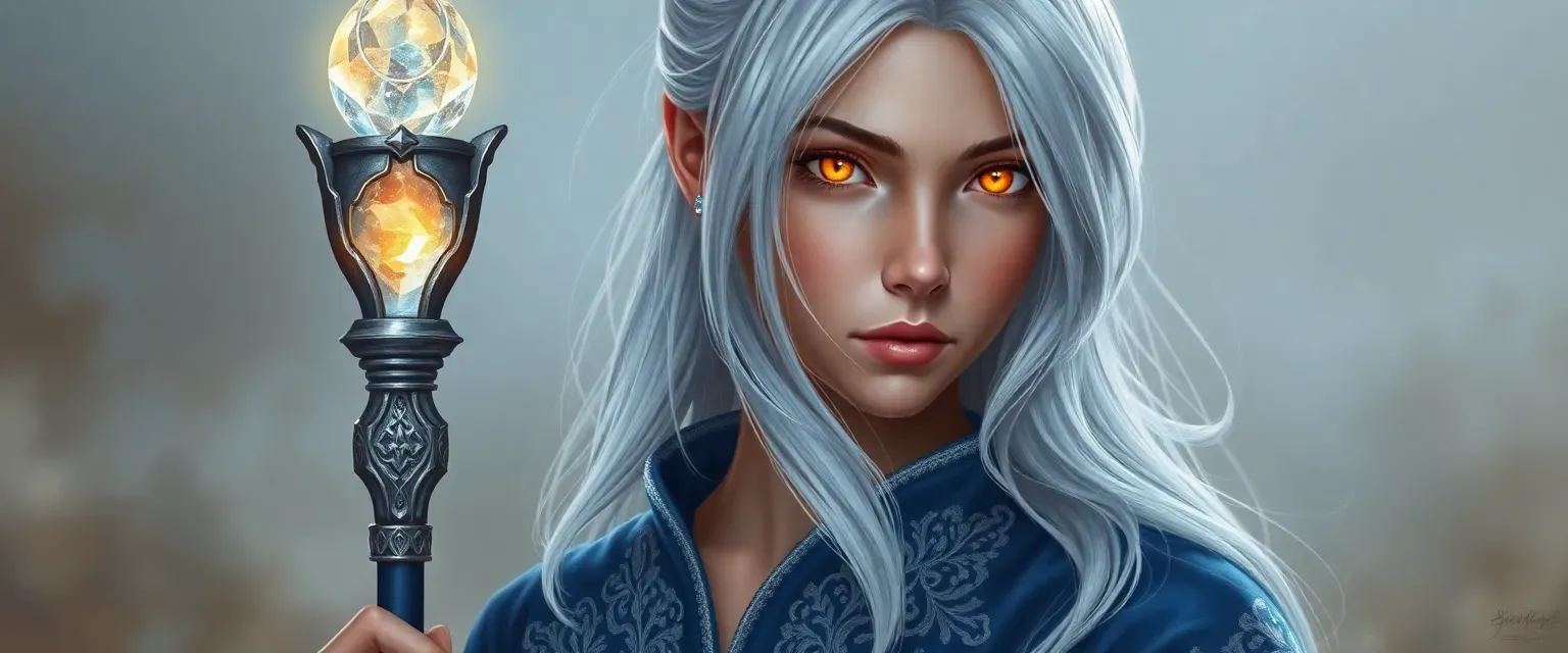 Young woman with silver hair and glowing golden eyes, wearing a blue robe with silver embroidery, holding a crystal-topped staff.