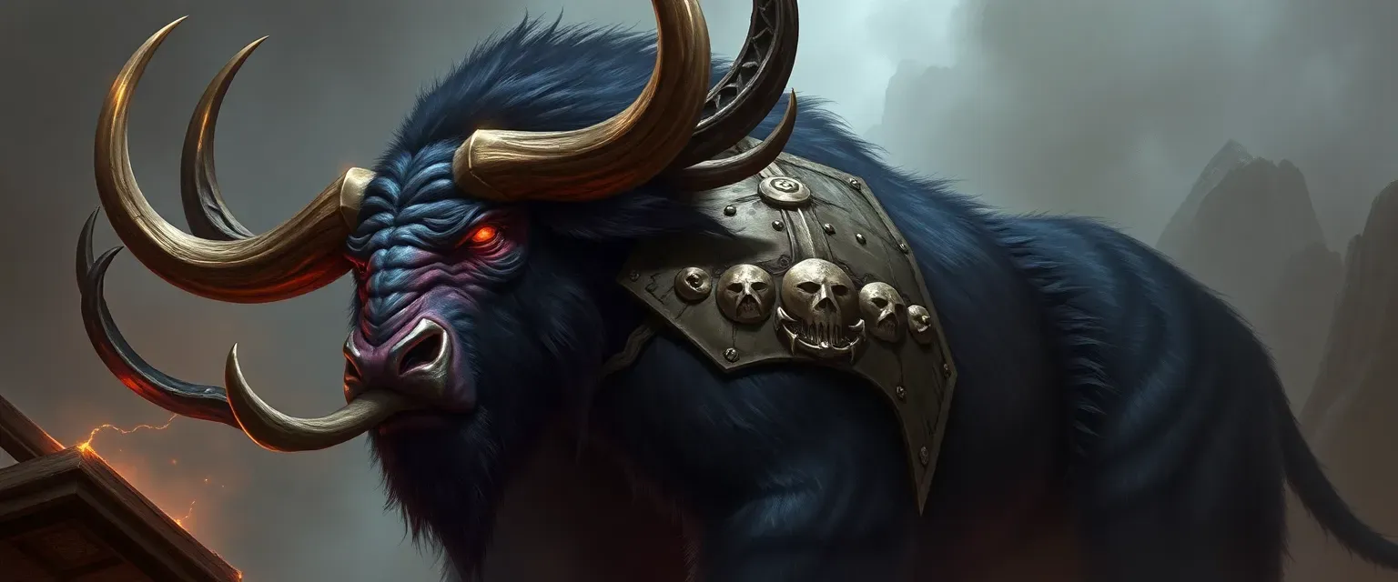 Colossal minotaur, over eight feet, dark fur, gleaming horns, crimson eyes, bone armor.