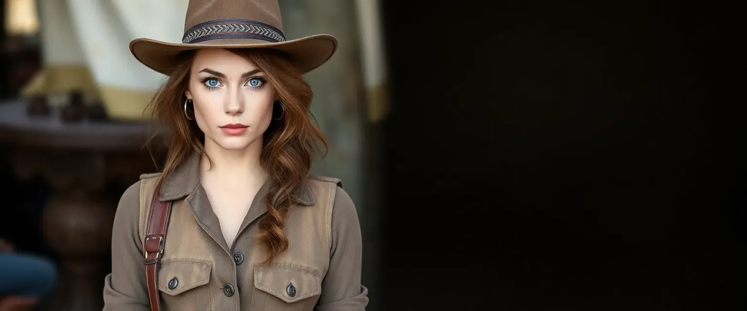 26-year-old woman with blue eyes and brunette hair, wearing leather boots, trousers, and a dusty vest with a wide-brimmed hat.