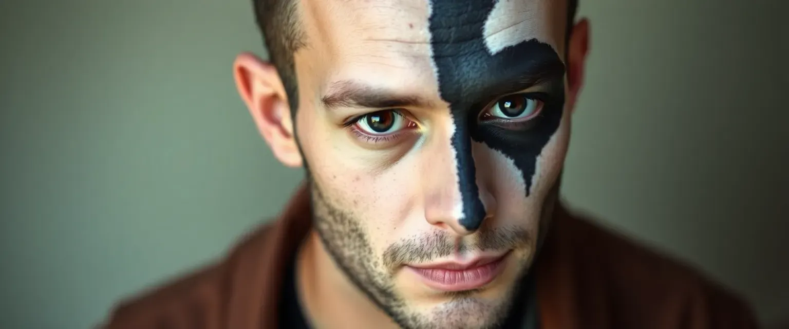 Man with heterochromia, left eye dark red, right onyx black, vitiligo patches on skin, casual attire.