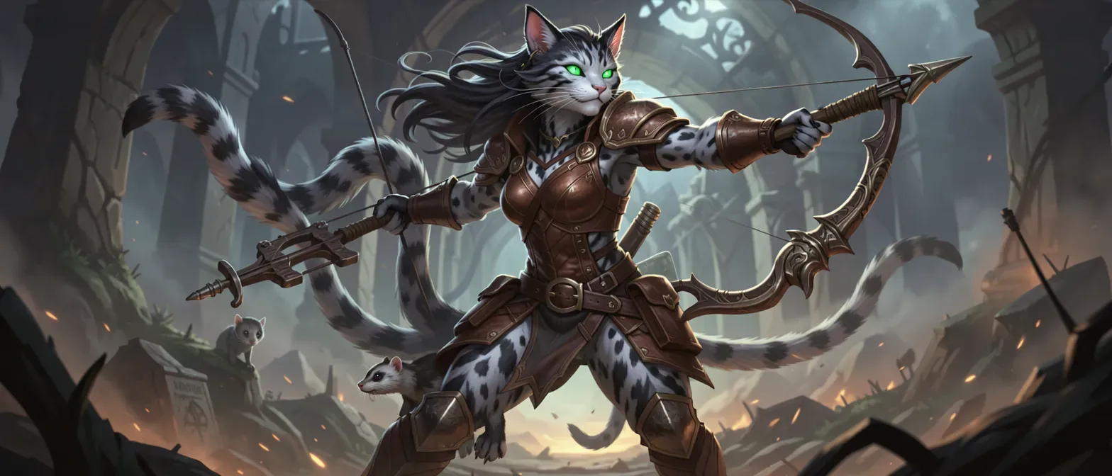 26-year-old female Tabaxi with thistle-patterned silver-black fur and glowing emerald eyes, in leather armor with bow, crossbow, and small ferret companion.