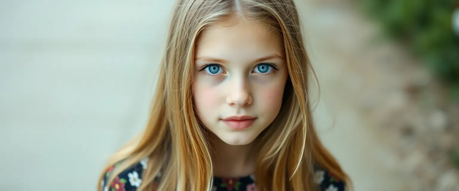 16-year-old girl with long blonde hair, blue eyes, wearing 70s bell-bottoms and floral top.