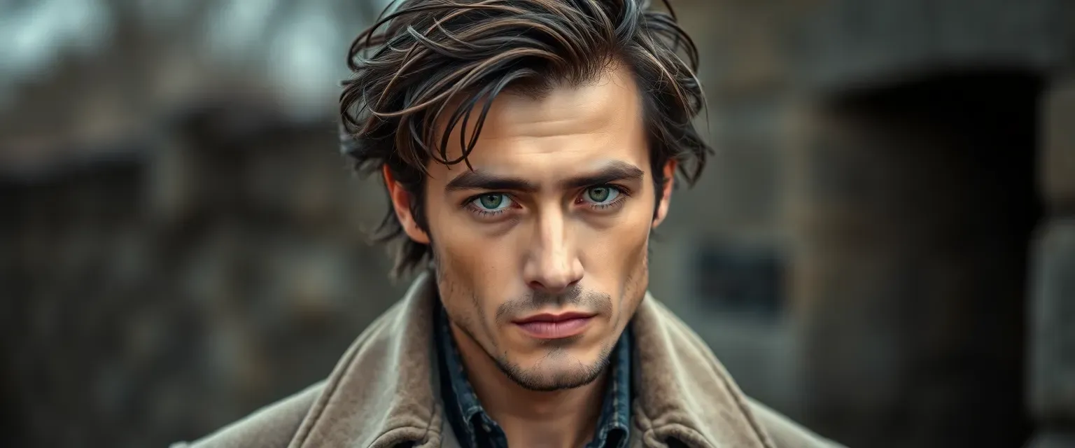 Man in his late thirties, lean, dark brown tangled hair, piercing green eyes, wearing a worn, long coat.