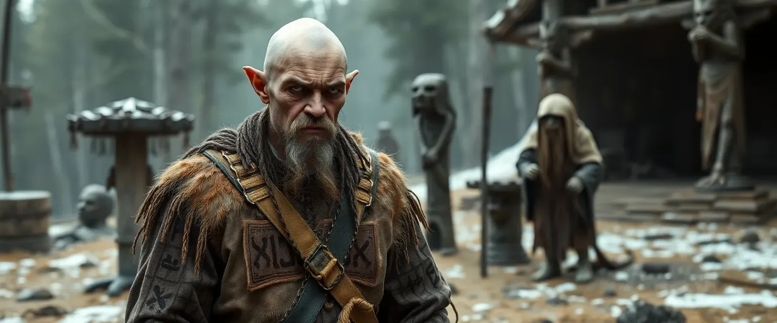 Bald, early Slavic shaman with ugly features, wearing animal skin robes with runes, standing at ritual ground with totems.
