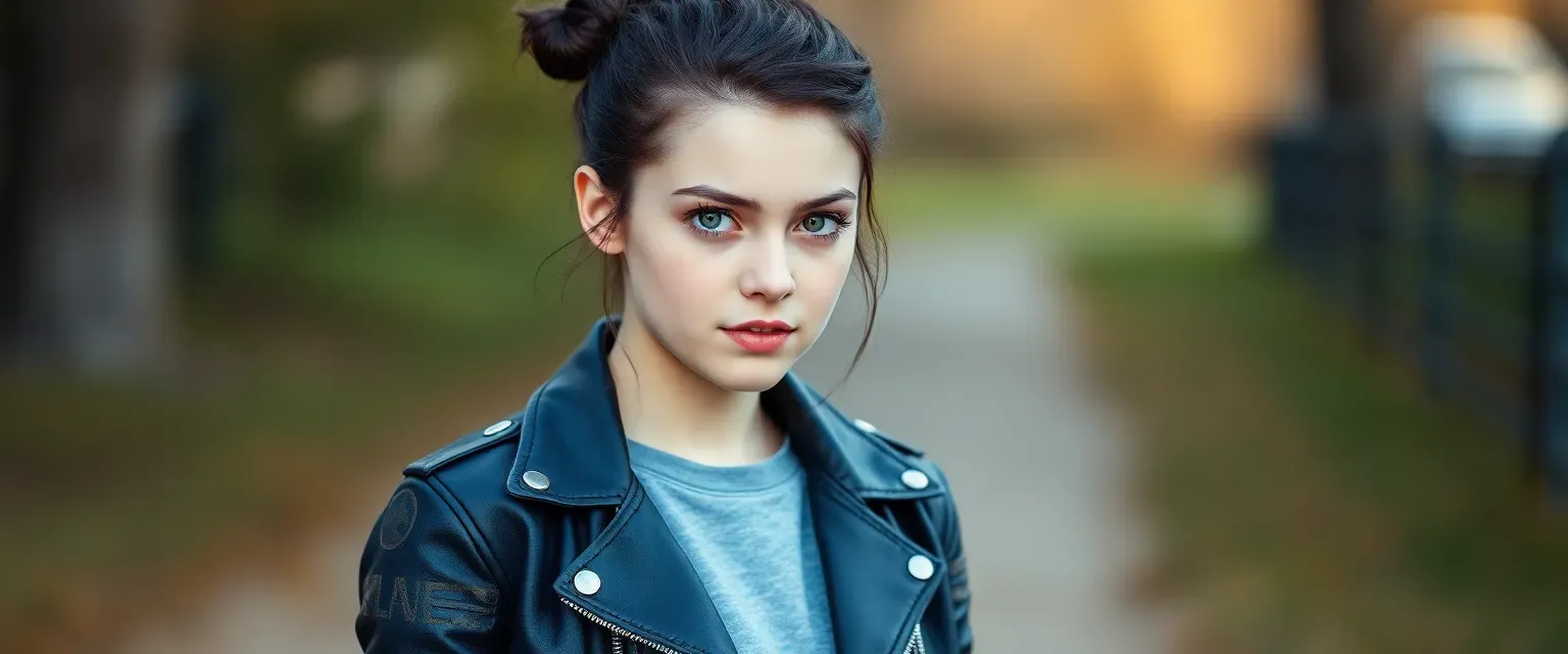Seventeen-year-old girl with dark hair in a bun, green eyes, wearing a patched leather jacket, confident and sassy.