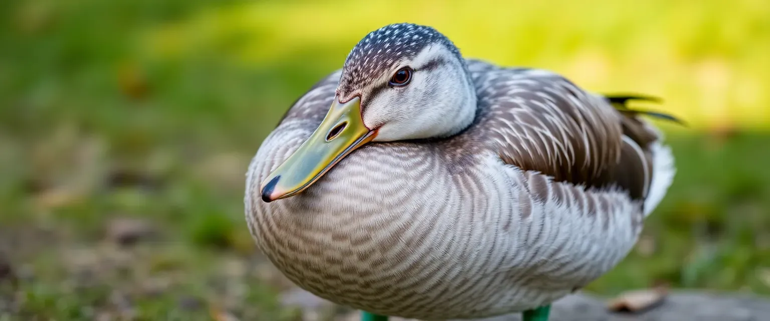Middle-aged duck with emerald green legs, gray and white feathers, wise and weary eyes.