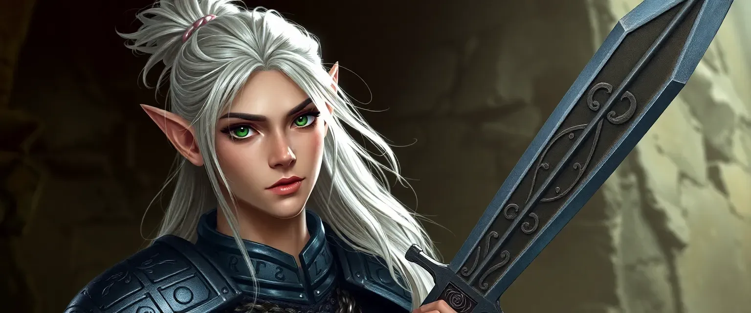 Tall elf with silver hair in a warrior's knot, green eyes, wearing elven chainmail, armed with a rune-etched longsword.