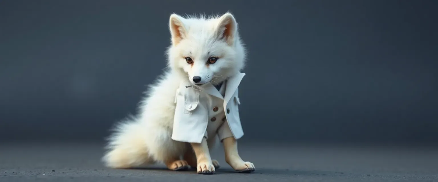 Young Arctic fox with white wolf cut, wearing white tailored jacket, trousers, and boots.