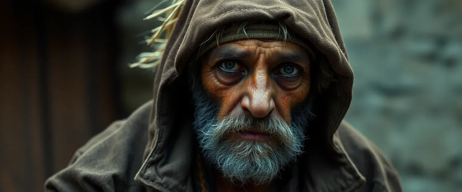 32-year-old homeless man with a handicap, dressed in tattered clothes, showing signs of premature aging and constant worry.