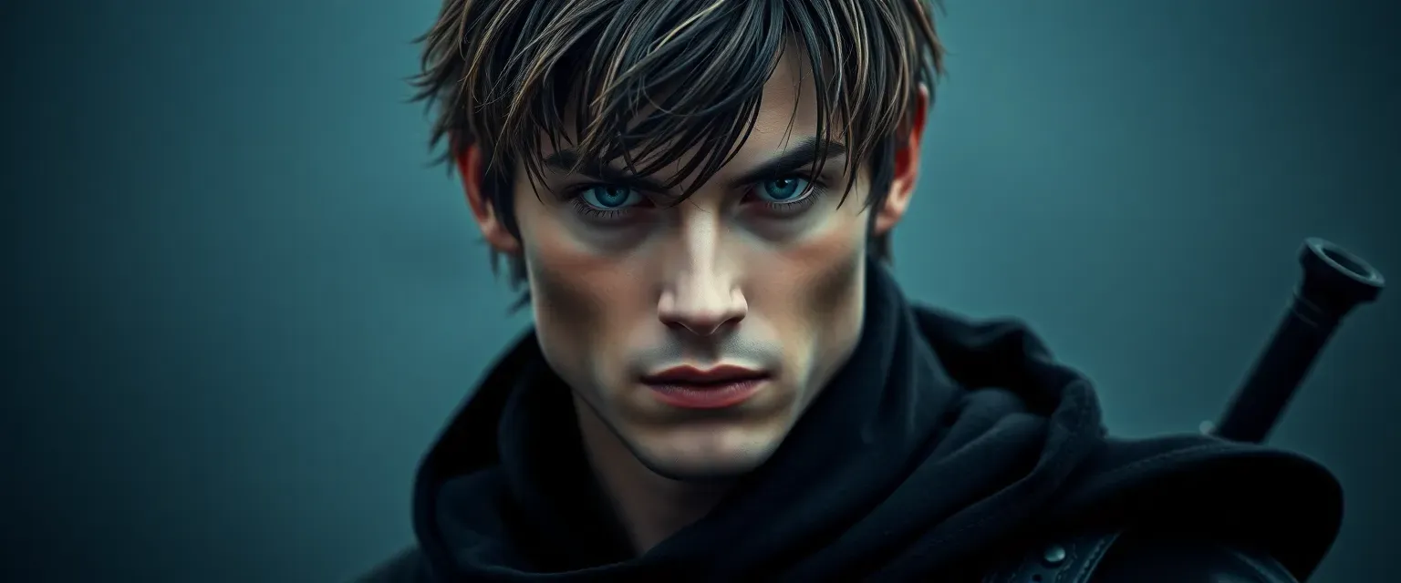 Young man with unkempt hair and azure eyes, wearing dark assassin's attire.