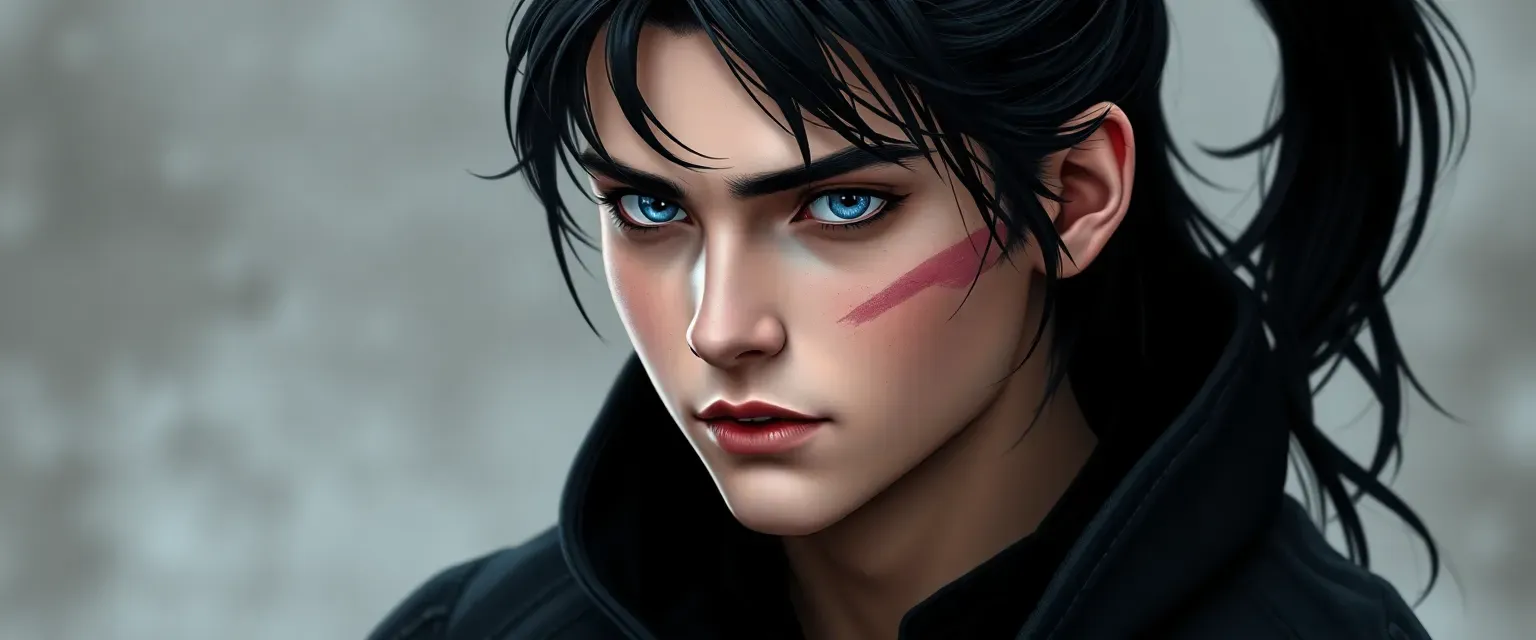 Young man with jet-black hair in a ponytail, piercing blue eyes, scar on left cheek, wearing dark demon slayer attire with family crest.