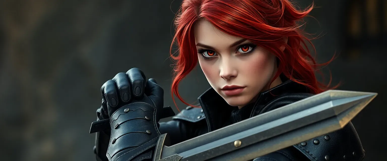 Young woman with fiery red hair and red eyes, wearing dark leather armor and wielding a longsword.