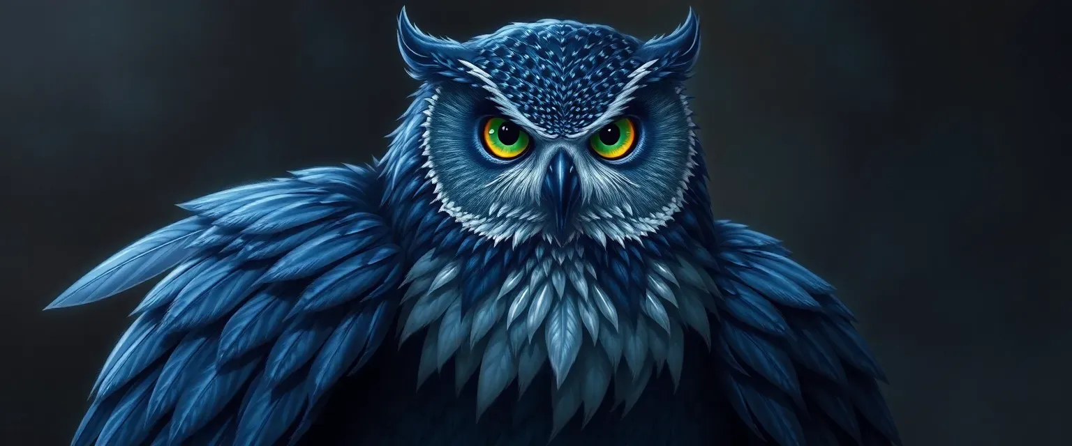 A noble owl with midnight blue and silver feathers, emerald eyes, wearing a night-sky robe with silver embroidery.