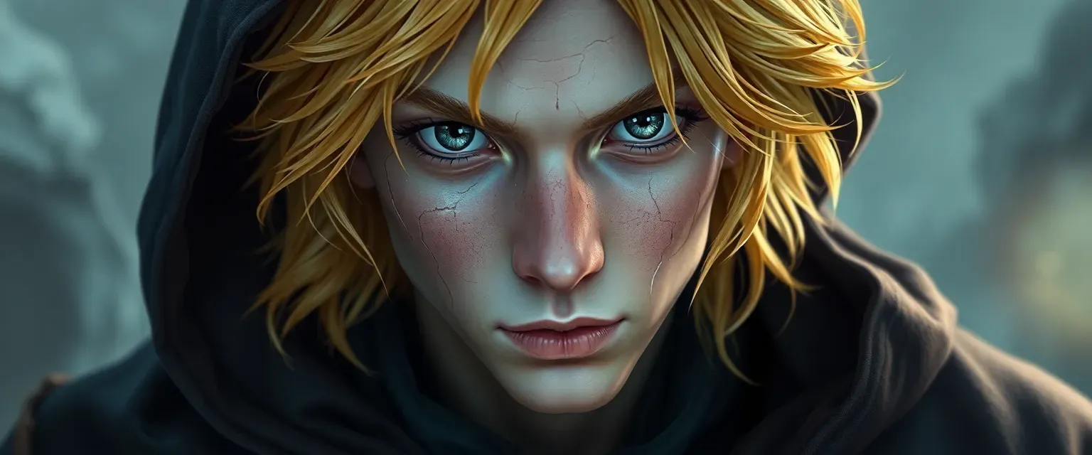 Young man with shimmering grey eyes, golden yellow hair, pale skin with metallic cracks, dressed in sorcerer's robes.