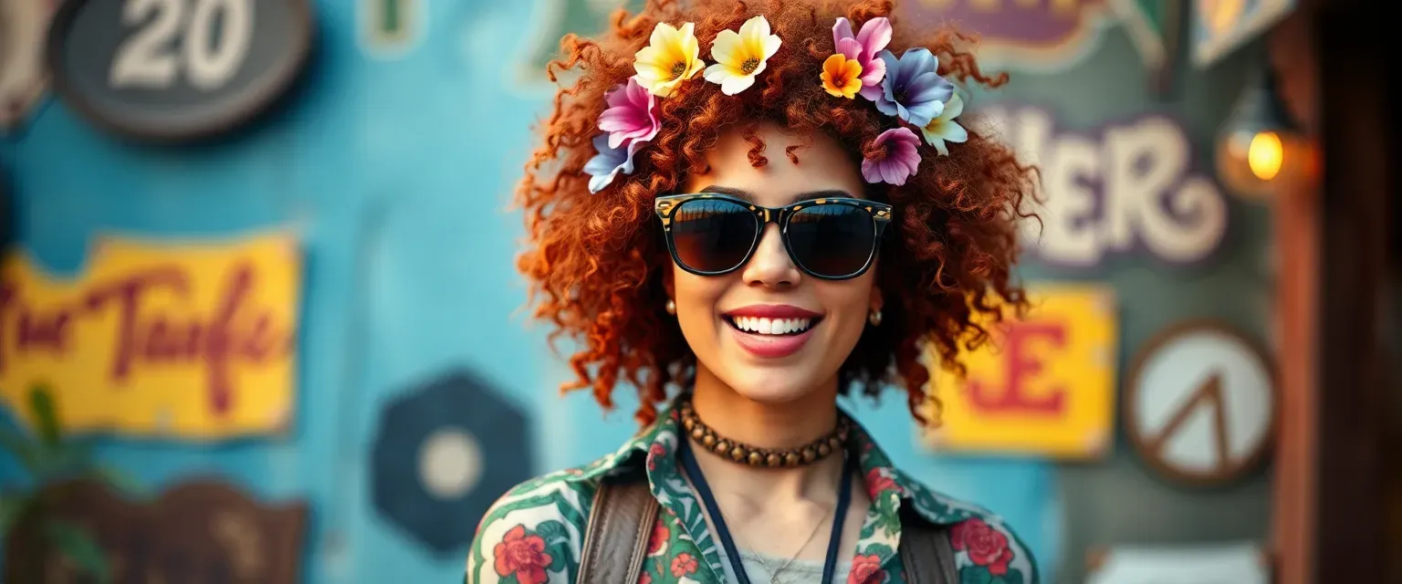 34-year-old woman with wild chestnut curls, vibrant mismatched clothes, and oversized flower sunglasses, humming jazz tunes.