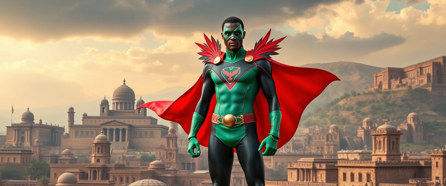 "A vibrant superhero stands against a backdrop of an ancient city, embodying hope and courage. Clad in a form-fitting bodysuit of green, red, and black, they feature a stylized Zambian emblem on their chest and feather-like projections on their shoulders. Their red cape flows dramatically, and they wear matching green gloves and boots. Underneath the mask, they are Mulenga, a complex individual on a journey of self-discovery."