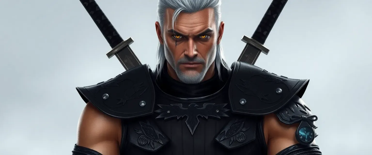 A tall, muscular man in his early 30s with silver-white hair and cat-like yellow eyes. Wears black leather armor adorned with raven symbols, dual swords crossed on his back. Notable scar across left eye.