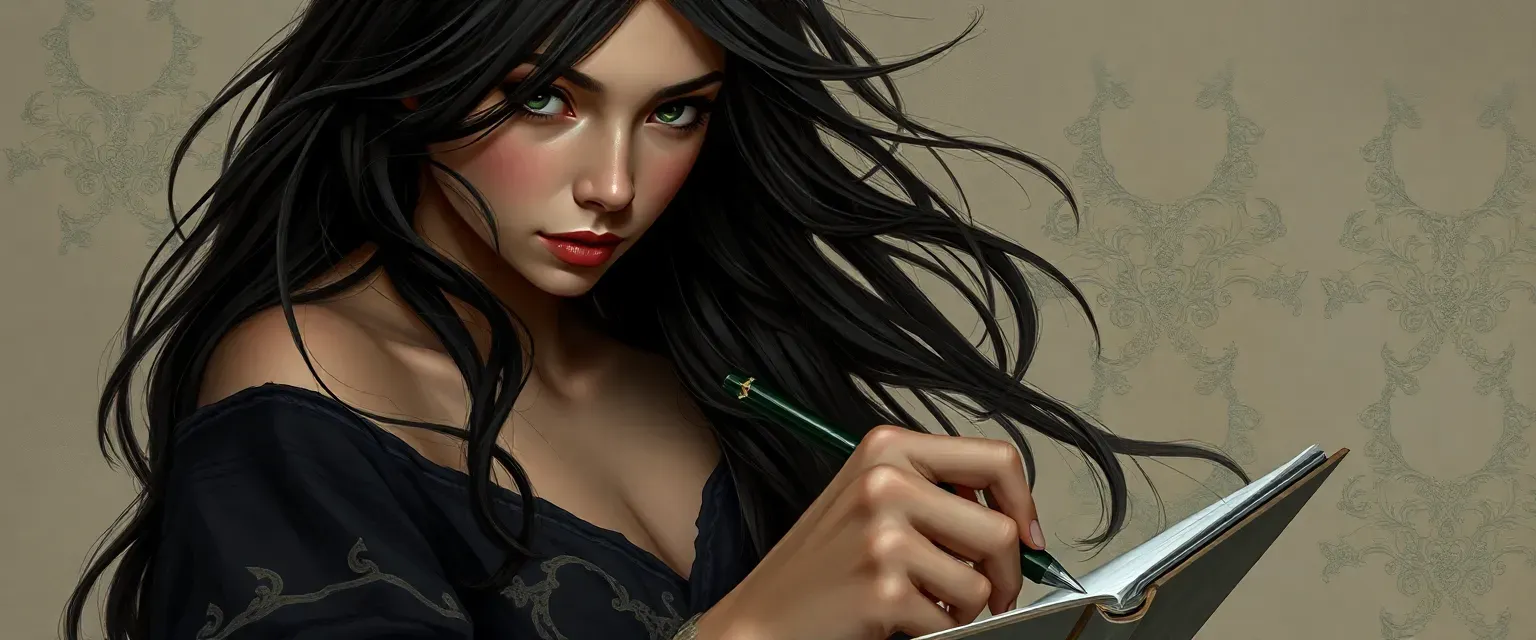 21-year-old art student with long dark hair, intense eyes, dressed in dark flowing fabrics, often sketching.