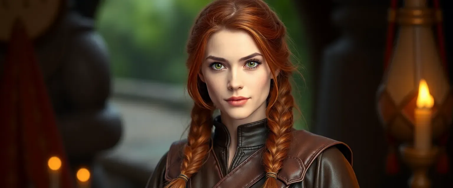 28-year-old woman with green eyes and chestnut hair in a braid, wearing a leather tunic and boots.