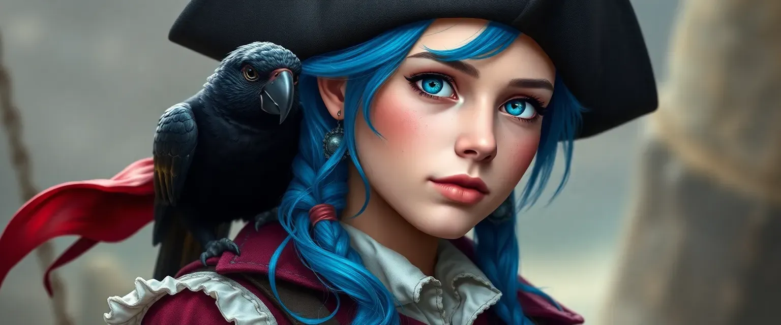 18-year-old pirate with blue hair, blue eyes, pale skin, always wearing a burgundy jacket, with a black parrot on her shoulder.