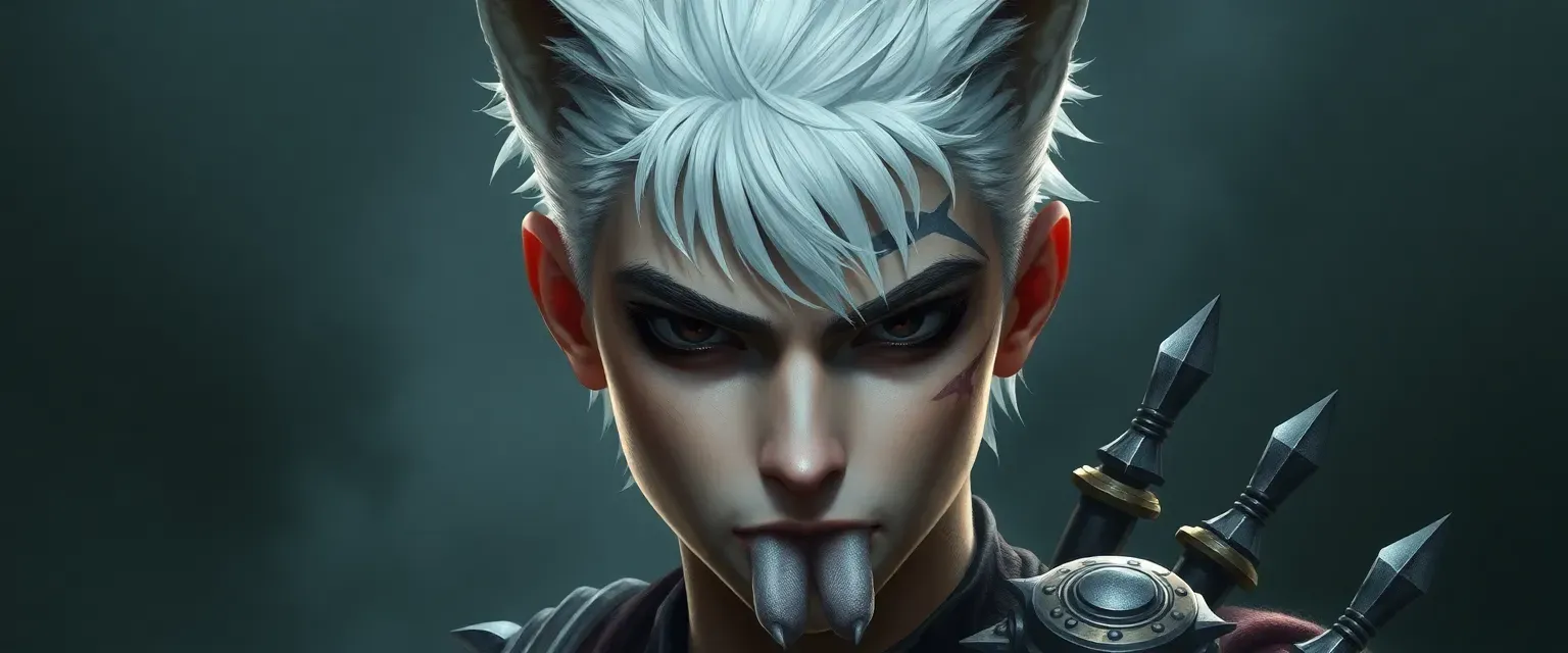 Young man with white Ethernet-hued hair in a wolf cut, big black expressionless eyes, scar from cheek to shoulder, three gray tongues, wearing a binding ring with four weapons.