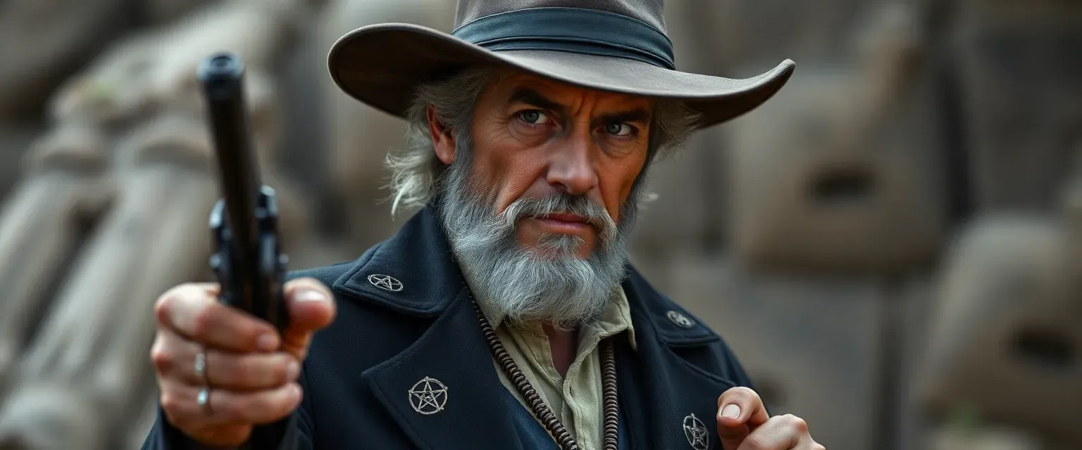 A weathered man in his 40s, wearing a black duster with arcane symbols, wide-brimmed hat, and carrying custom revolvers.