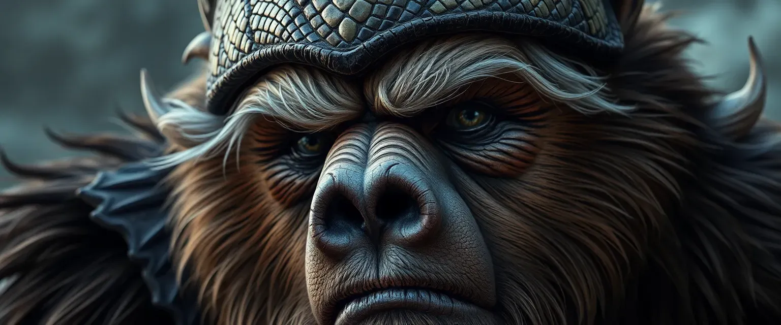 A grizzled bear of a man in his late forties, wearing a navy snake skin helm, with gray-streaked hair and a weathered face.