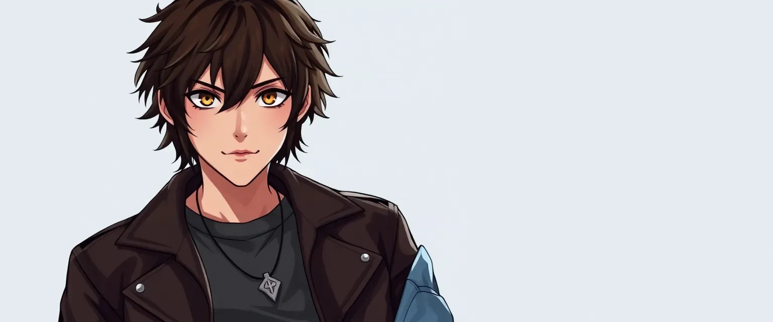 19-year-old Ryuu with tousled dark brown hair, amber eyes, wearing jeans, band t-shirts, and a leather jacket with a silver pendant.