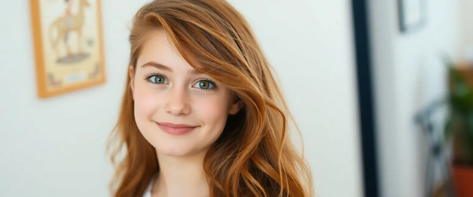 Nineteen-year-old girl with chestnut hair, pastel dresses, wide eyes, and a shy smile.