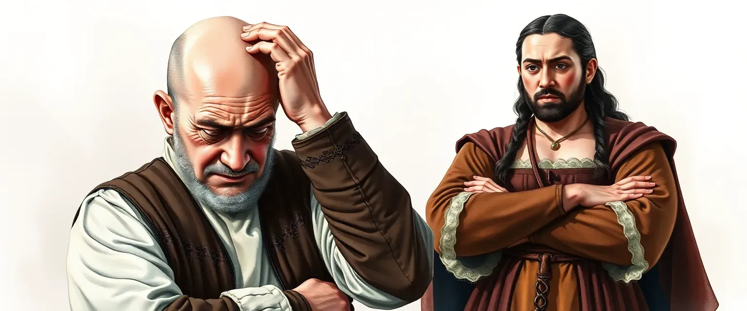 A dejected bald man in his sixties in medieval attire, clutching his head; a robust woman in her fifties in a medieval dress, arms crossed, towering over him, watercolor style.