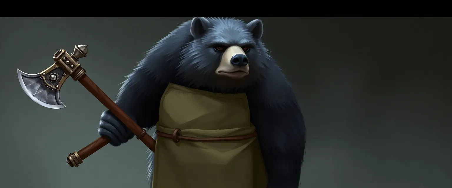 A tall bear with gray and black fur, wearing a clean apron, holding an ornamental battleaxe.