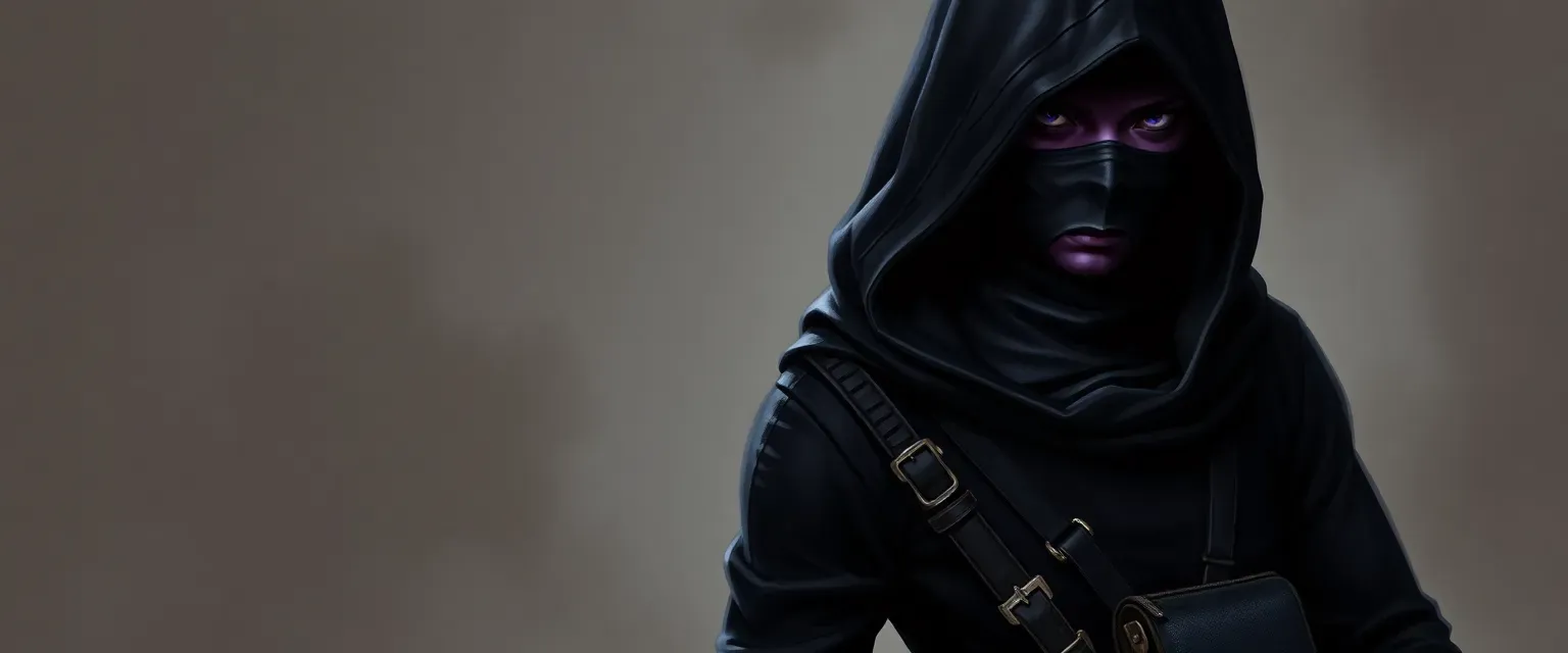 Dark-elf thief with amethyst skin, white hair, athletic build, wearing black slim-fit clothes, hood, and balaclava mask, carrying daggers and a satchel.