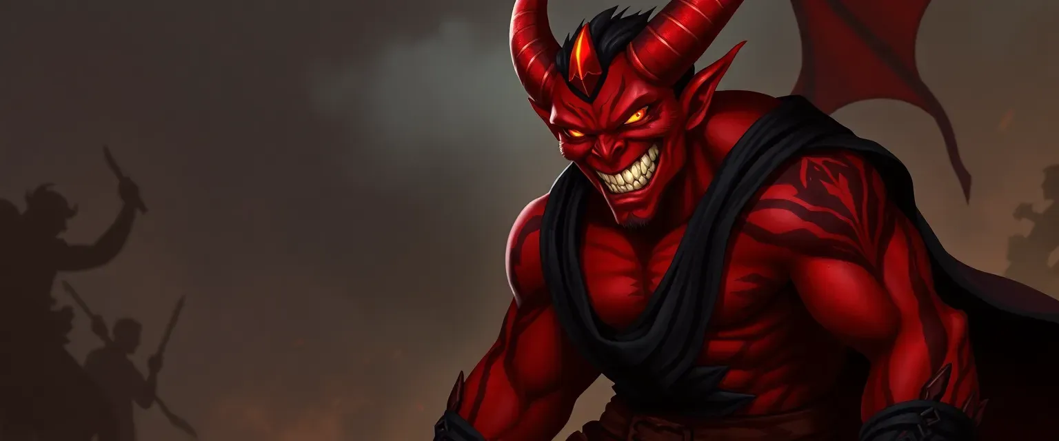 Crimson-skinned demon with glowing tattoos, warm smile, black tunic and trousers, muscular build.