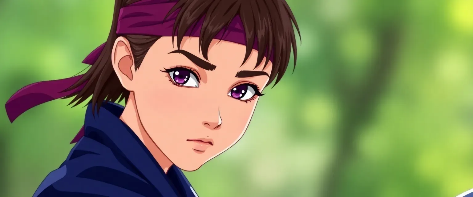 Young ninja girl, 14, with short brown hair and striking purple eyes, wearing a dark blue gi.