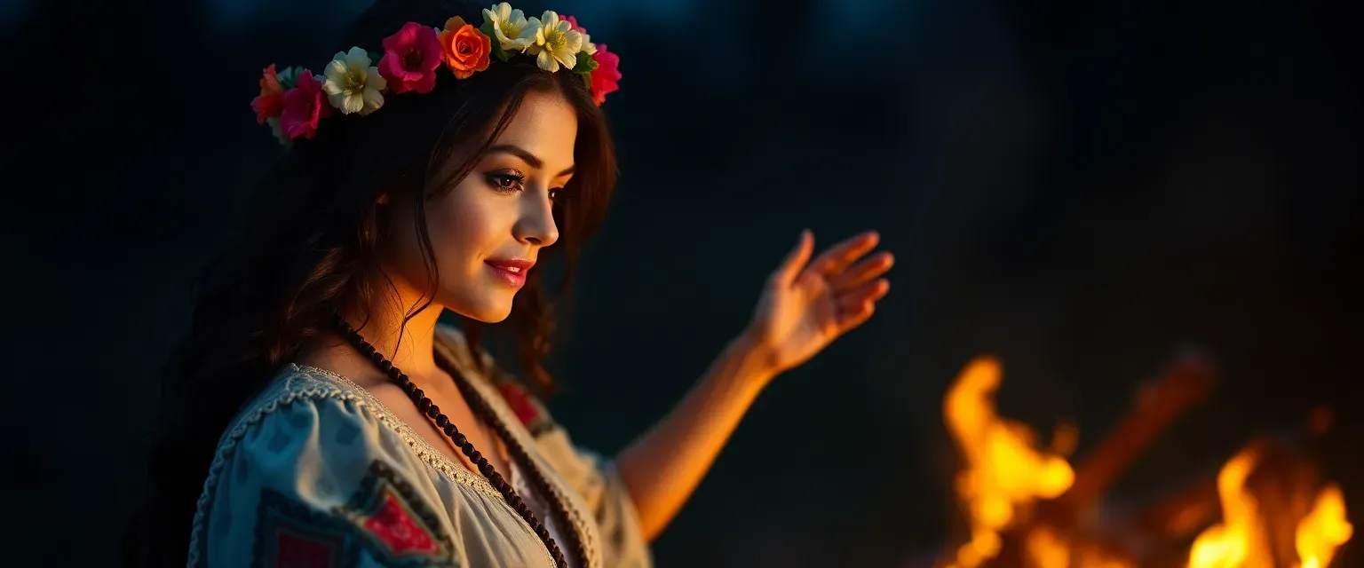 Slavic woman, 27, dark hair with flower crown, traditional tribal clothes, dancing around bonfire at night.