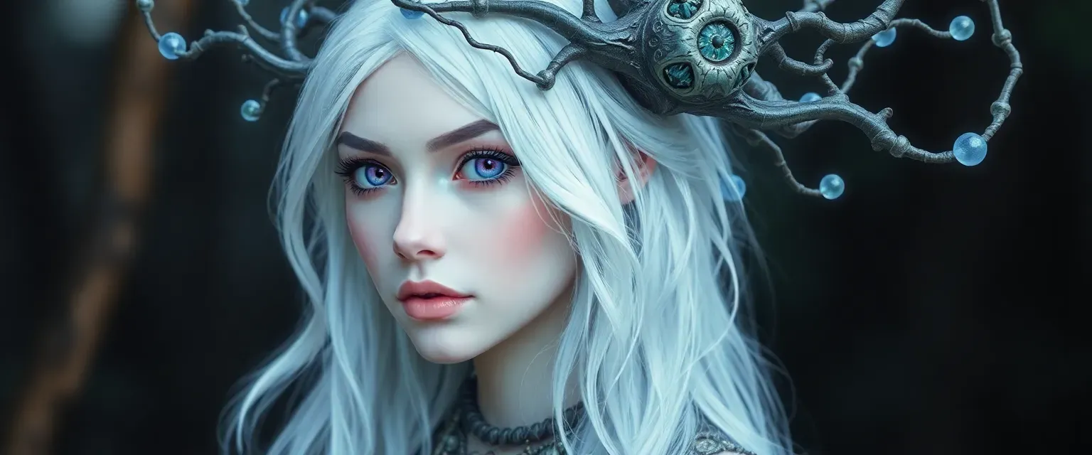20-year-old female Druid with pale skin, white hair, violet eyes, and a spore mask. Ethereal and psychic.