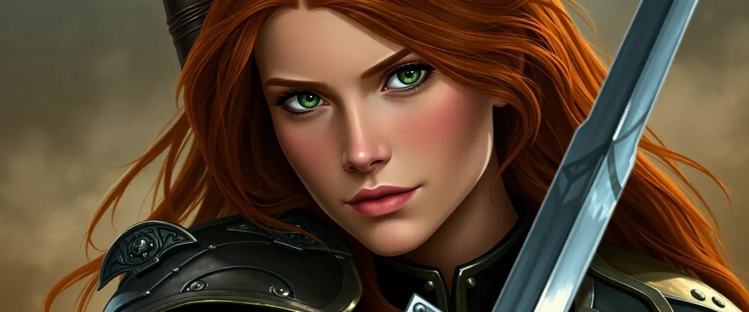 Young woman, almond skin, auburn hair, green eyes, half plate armor, sword.