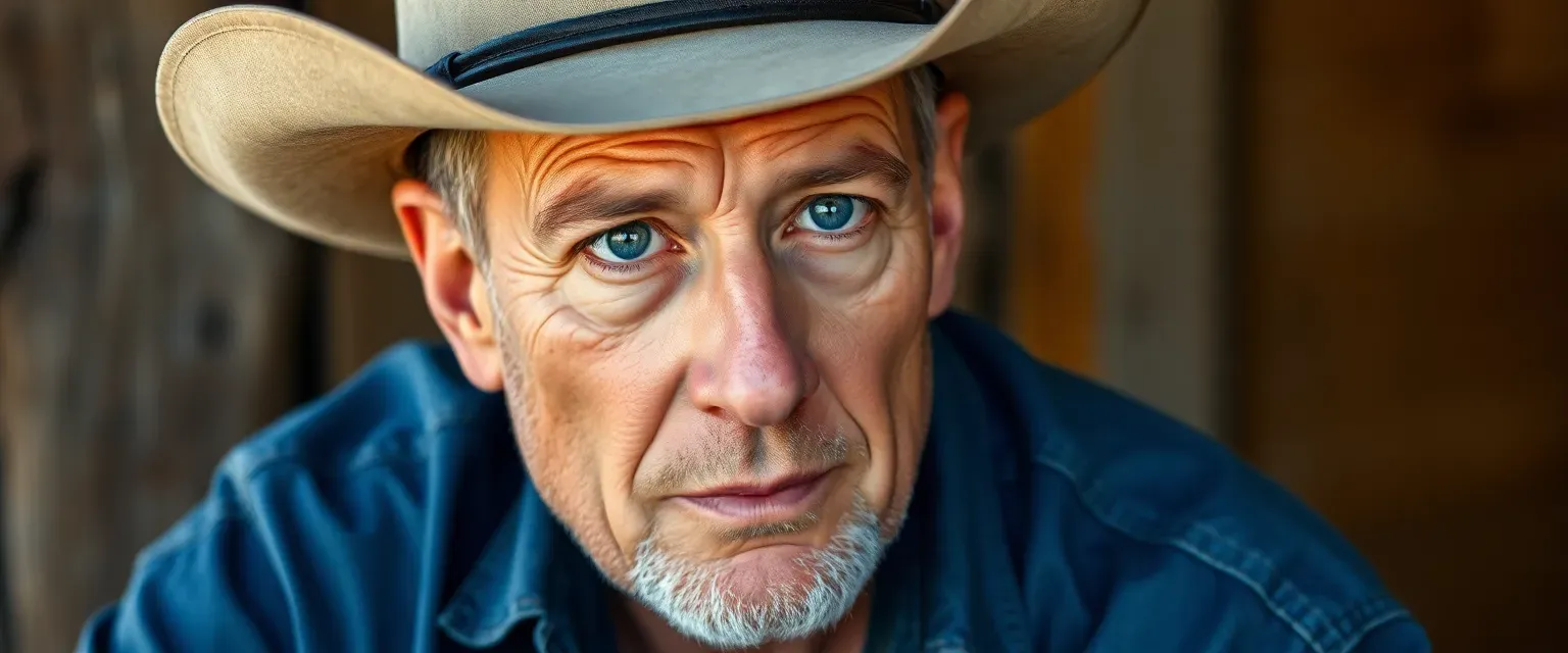 Late 40s man with tanned, lined skin, green eyes, wearing a cowboy hat, denim shirt, jeans, and leather boots.