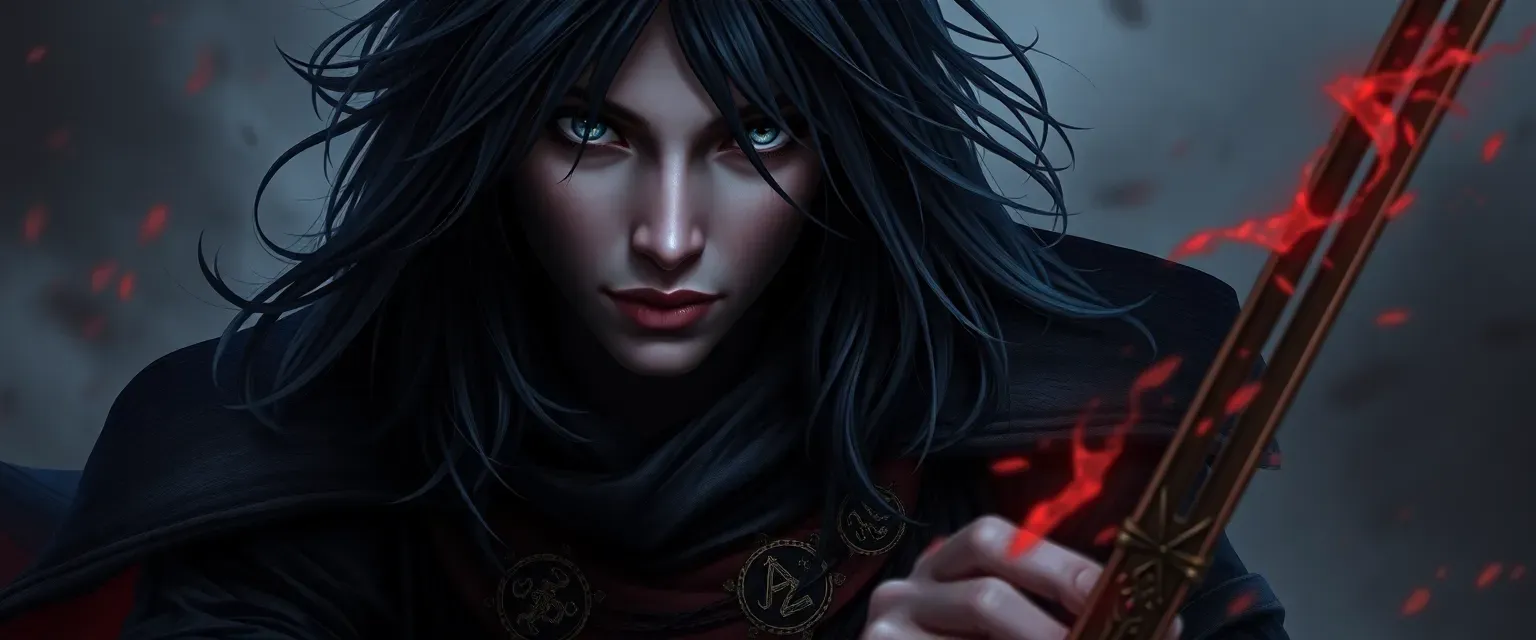 Midnight-haired assassin mage with steel-gray eyes, wearing dark, rune-embroidered attire.