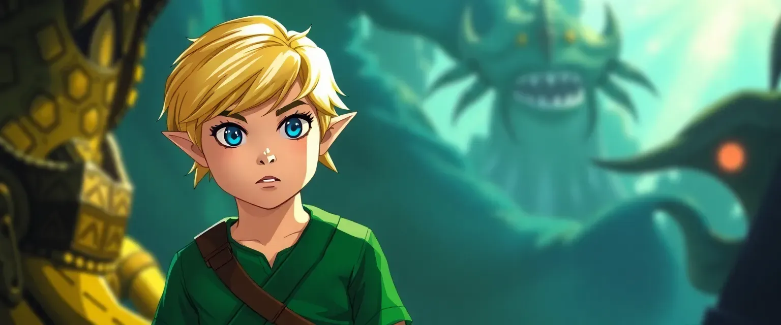 A young boy with blonde hair and blue eyes wearing a green tunic embarks on a quest to save Princess Zelda from evil forces.