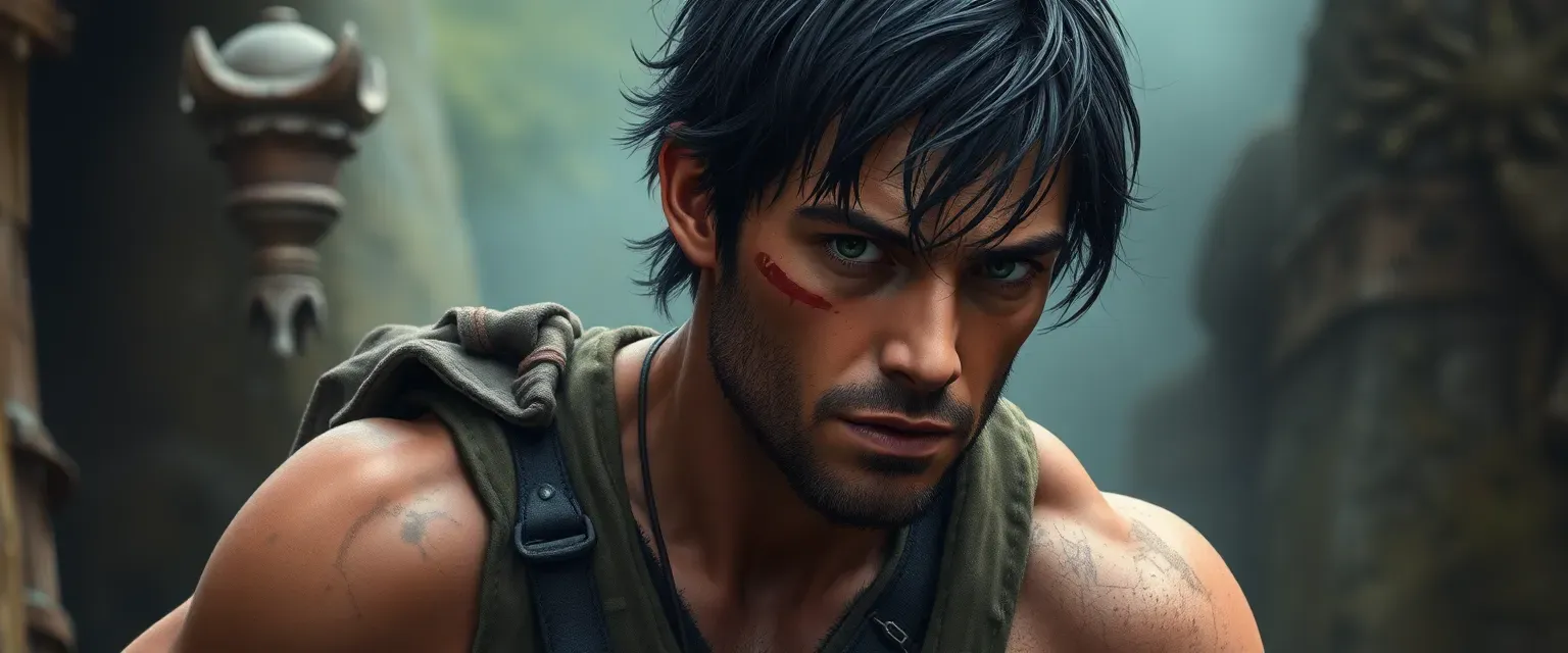 A rugged man with a scar on his left cheek, dark unkempt hair, and a lean, muscular build, dressed in tattered, practical clothing.