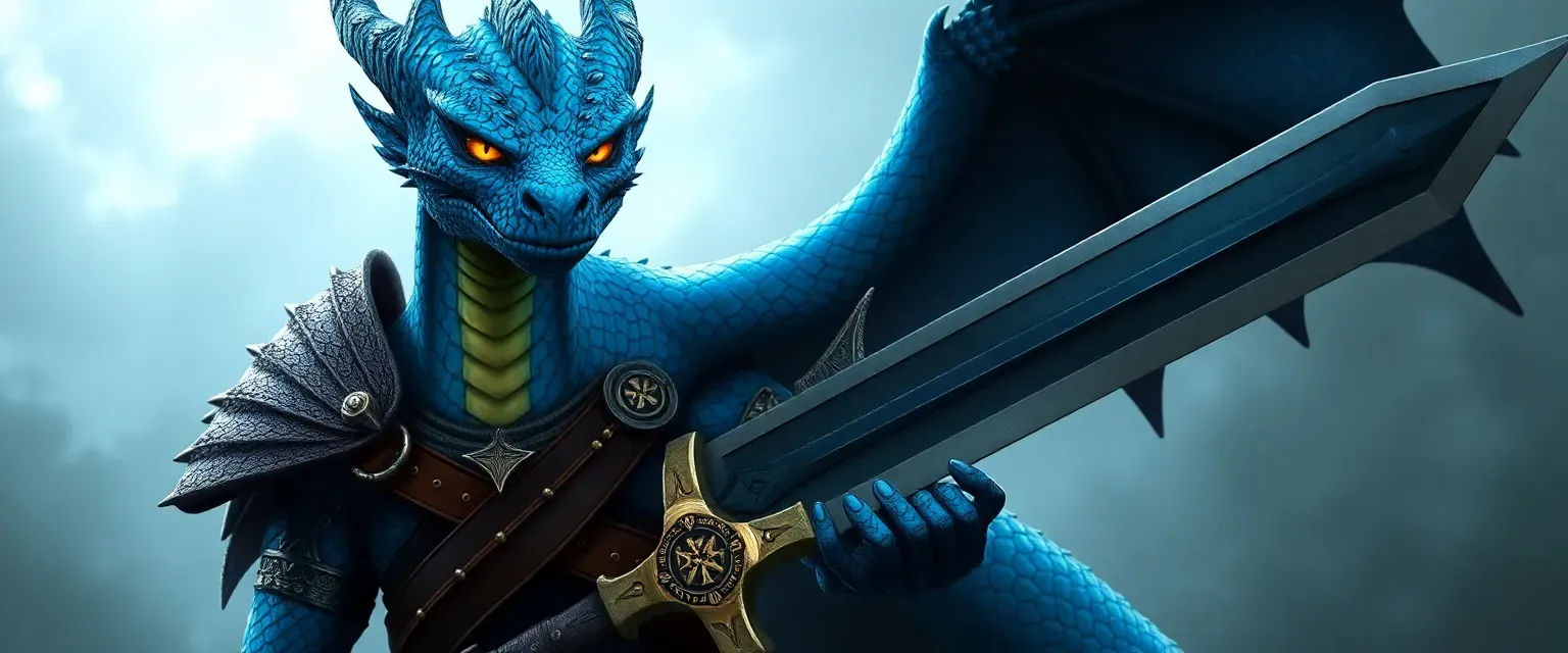 Tall Blue Dragonborn with shimmering scales, yellow eyes, tribal tattoos, leather armor, and a meteor-forged greatsword.