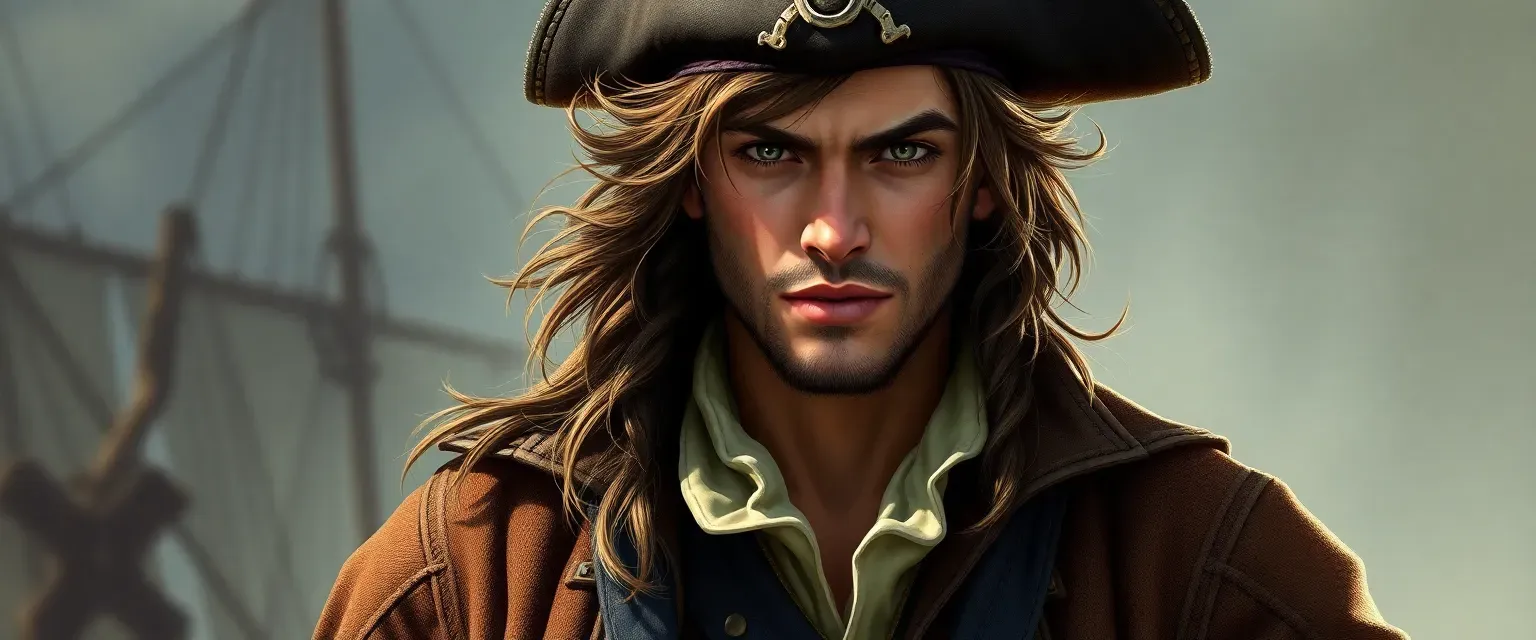 22-year-old pirate with tousled dark brown hair, strong features, wearing a pirate jacket, breeches, and hat.