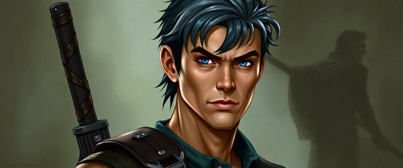 Late thirties, lean build, blue eyes, gray-streaked dark hair, worn leathers, satchel.