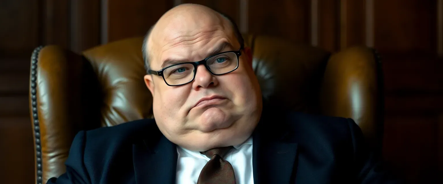 Fat, balding man with glasses and plump lips, in a stained suit, sitting in a leather chair.